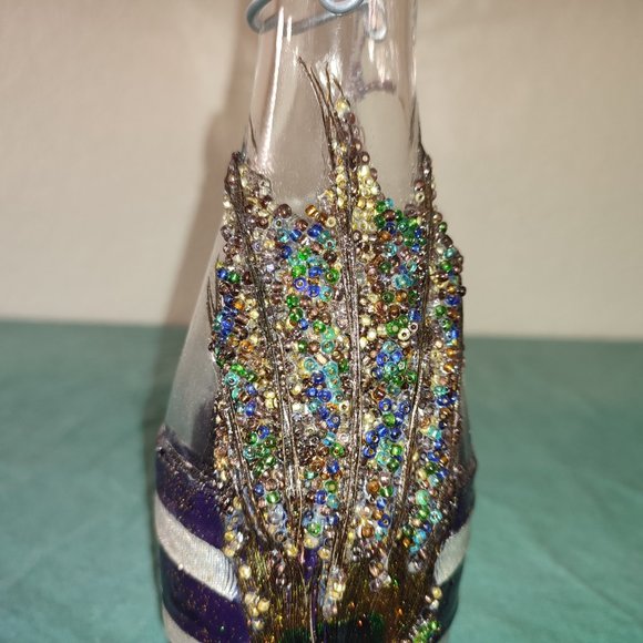 Amazing Crafted Artisan Bottle Italy Peacock Feather Design applied beads Boho - Picture 5 of 12